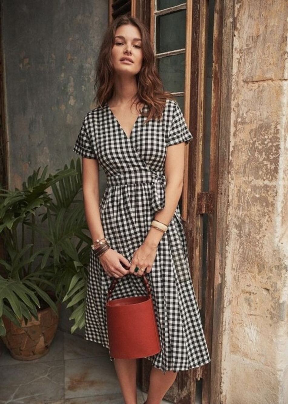 Sezane Marielle Gingham Plaid Cotton Midi Wrap Dress Cottagecore Black White 2